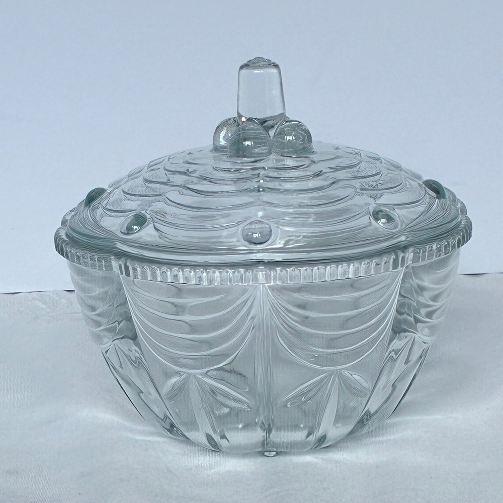 Vtg KIG Indonesia Glass Candy Dish Sugar Bowl Swag Starburst Ruffle Beaded